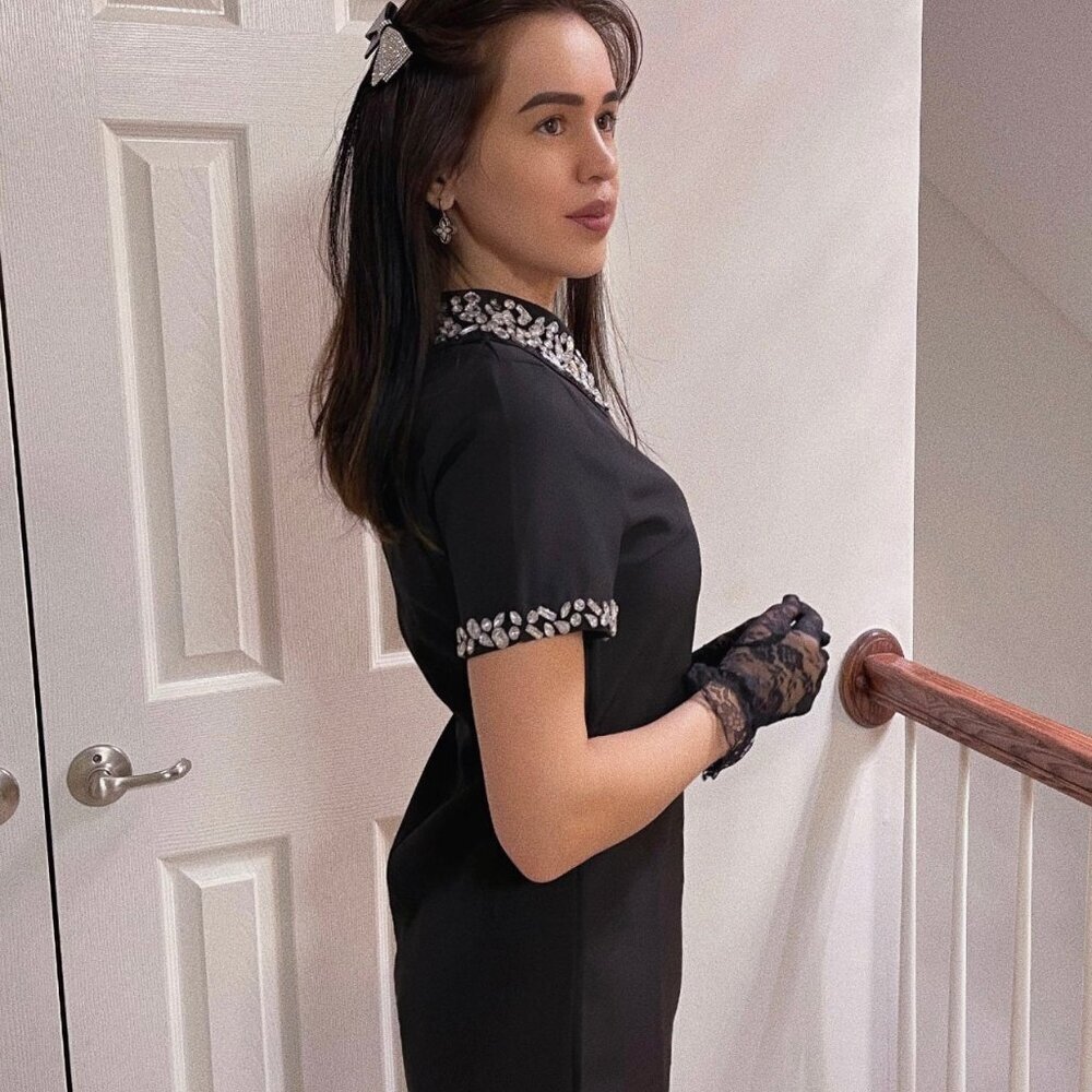 Mini Black Dress with Rhinestone Collar - Picture 2 of 5